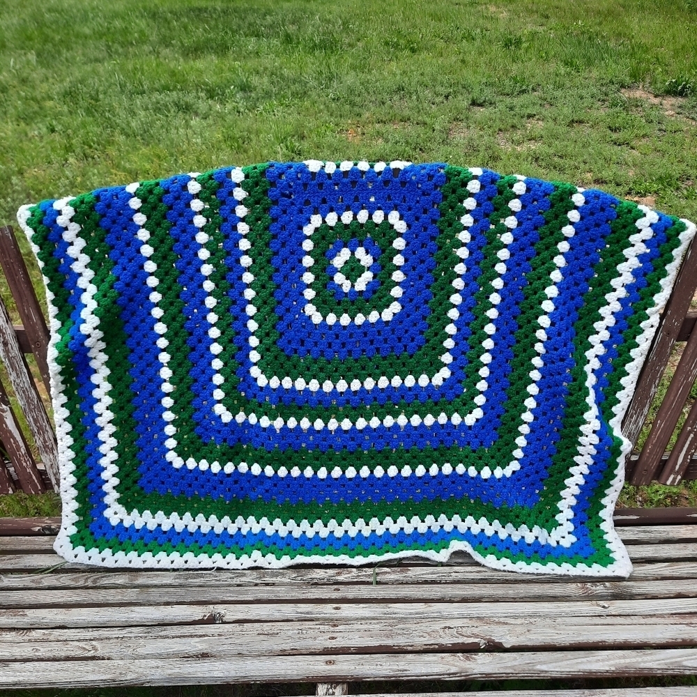 Vintage MCM Handmade Crocheted Blue Green Striped Afghan Blanket 43"×52"